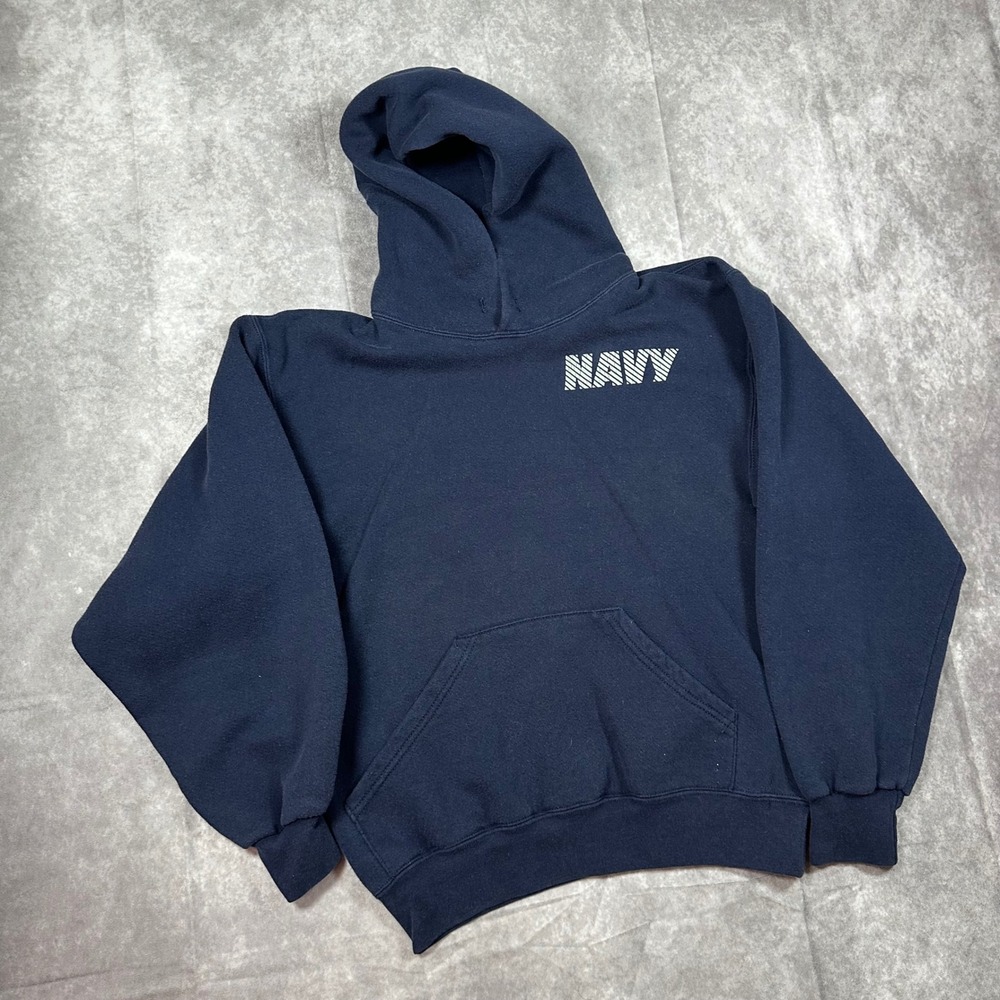 VTG Soffe US Navy Hoodie Mens Small Blue Reflective Graphics Made in USA 90s